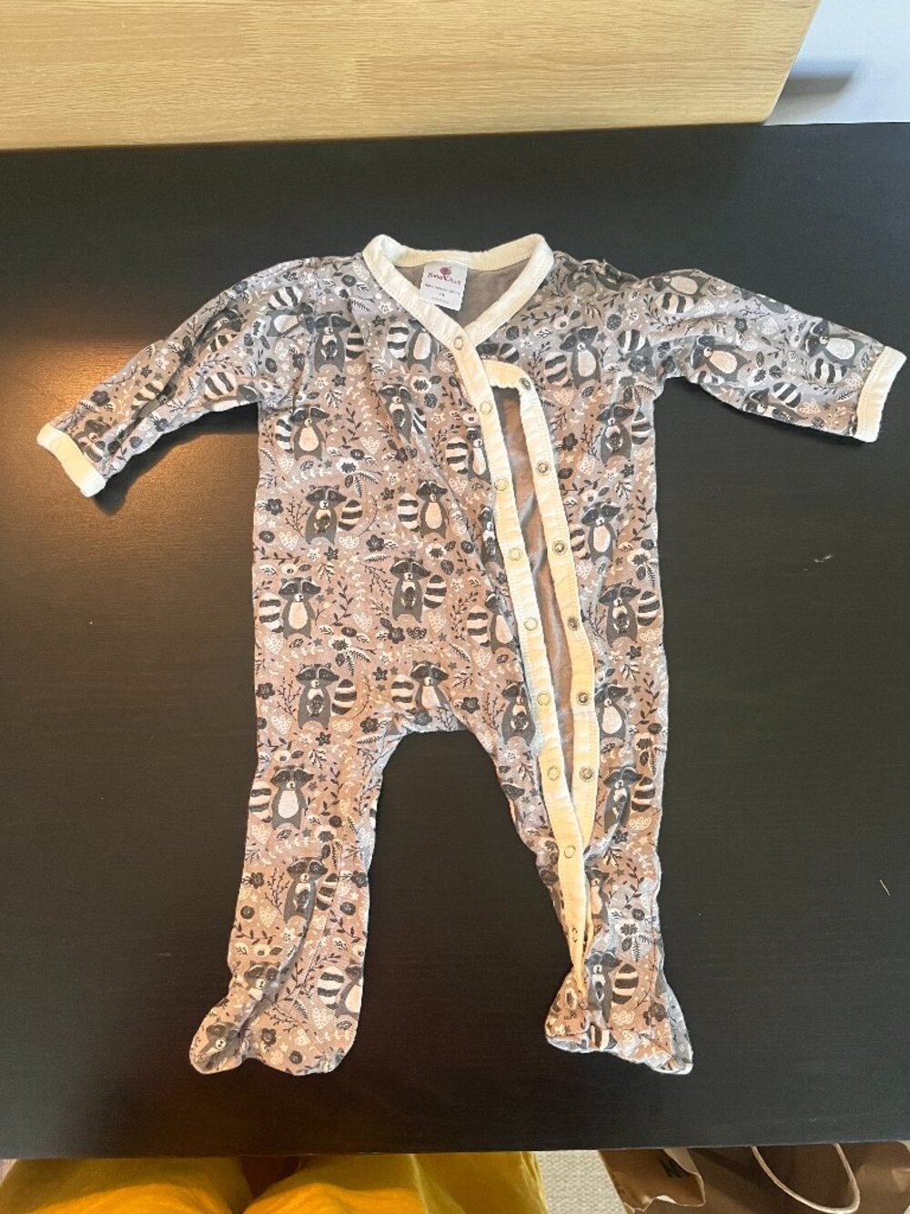 [$2 in bundle] Small Plum 6m grey raccoons 100% cotton button up pajamas
